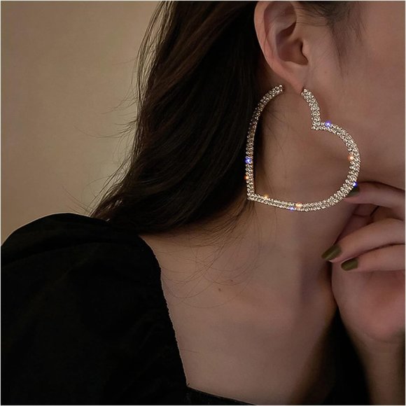 Huge Rhinestone Heart Silver Hoop Earrings CZ Crystal Pave Hoops New - Picture 2 of 14
